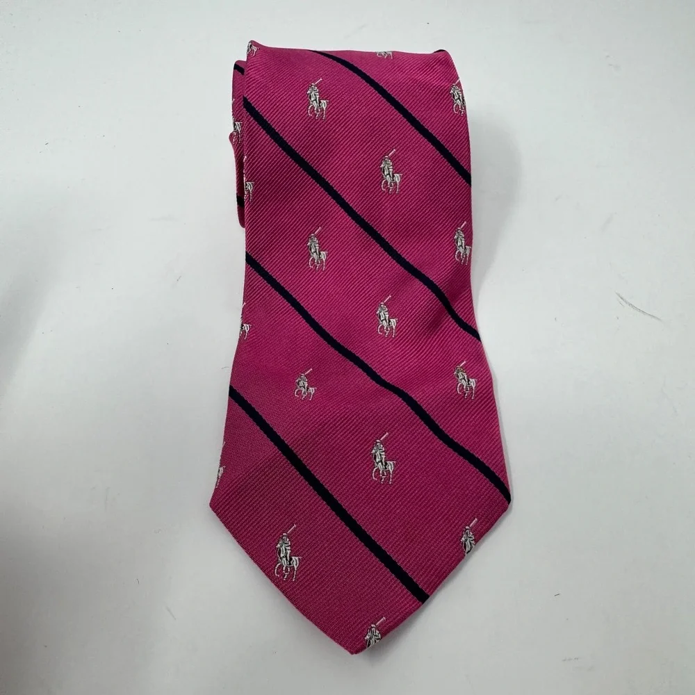 Polo Ralph Lauren Silk Tie Pink Navy Blue Stripe Pony Logo Hand Made Italy